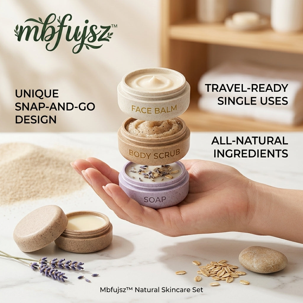 mbfujsz™ All-Natural Skincare Set – Portable Stackable Travel Toiletry Kit with Face Balm, Body Scrub & Soap – Eco-Friendly, Snap-and-Go Single-Use Beauty Essentials