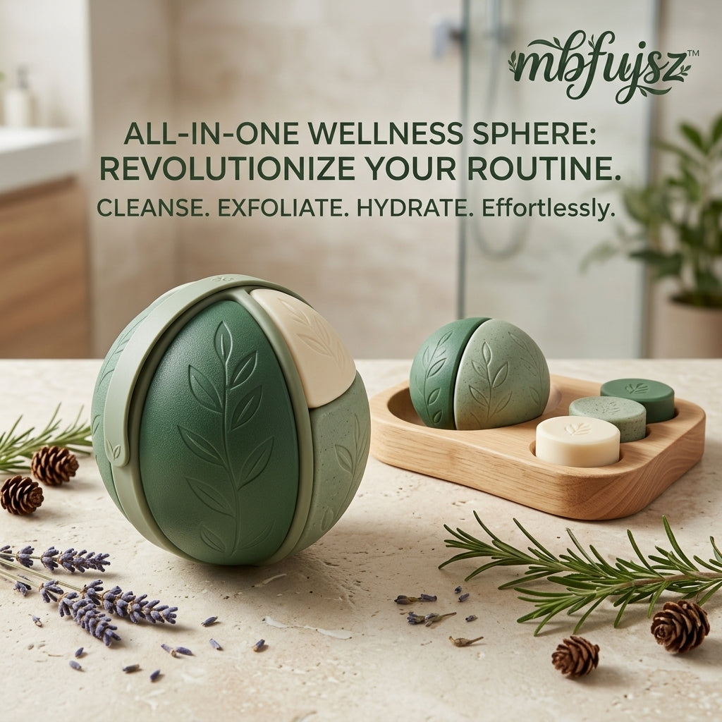 mbfujsz™ All-in-One Wellness Sphere - 3-in-1 Modular Body Care System | Cleanse, Exfoliate & Hydrate Solid Soap Bars with Wooden Tray | Eco-Friendly, Travel-Friendly Zero Waste Skincare Set